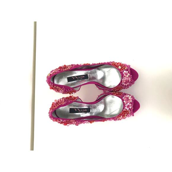 Nina Sadi Fuchsia Flower Sequins Platform High Heel Peep Toe Sandals Size 8 - Picture 5 of 8